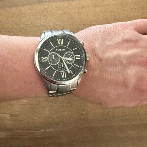 Fossil Silver Stainless Steel Watch with Black Dial